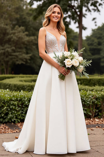 Satin Dentelle Ivoire Spaghetti Bretelles Une Ligne De Mariage Robe Avec Perles